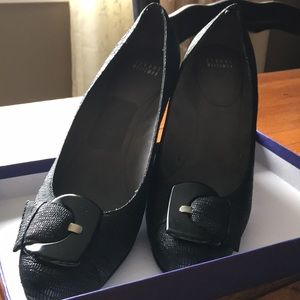 Stuart Weitzman black patent forsight wedge heels